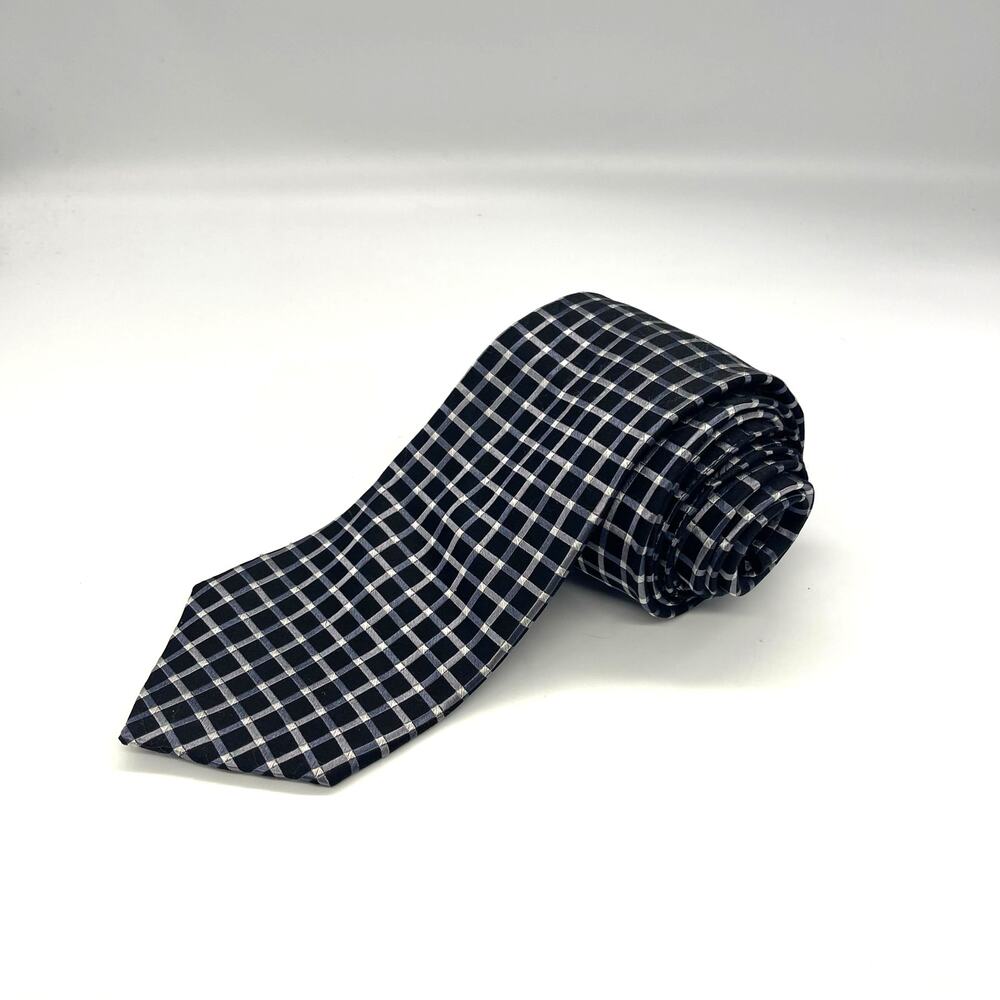 Pronto-Uomo 100% Silk Necktie Black Silver Checkered Tie 57” x 3.75” NWT